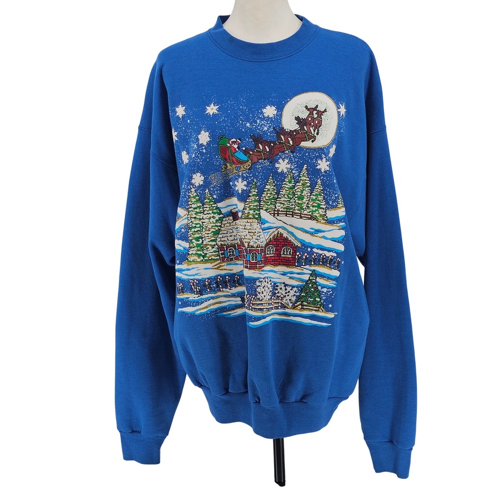 Vintage 90s Hanes Christmas Sweatshirt L Santa Reindeer Sleigh Cottage Kitsch - Picture 2 of 13